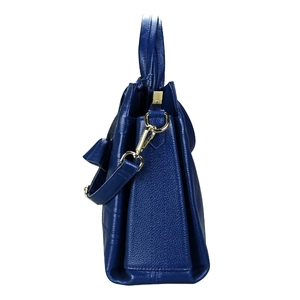 Classic dark blue lychee leather handbag with golden hardware and side accordion design