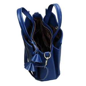 Dark blue leather tote bag with pebble texture and interior multi-compartment design