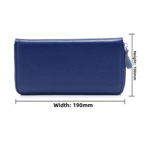 Blaues Leder-Langportemonnaie mit Maßen von 190 mm Breite und 100 mm Höhe