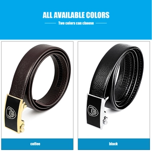 Close-up of black and coffee pebble leather belts with silver and gold alloy buckles