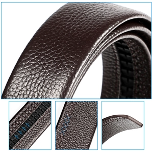 Detailed macro view of dark brown lychee grain leather belt with interior auto-track and stitching