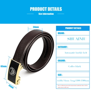 Detailed size guide for dark brown leather belt with dimensions of 34mm width and 1100mm length
