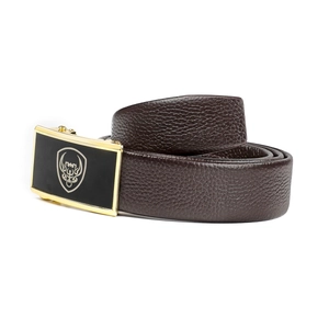 Detailed close-up of dark brown lychee grain leather belt with a gold and black auto buckle