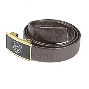 Close-up of brown lychee grain leather belt with a gold automatic buckle and shield logo
