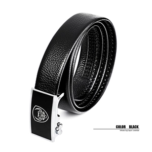 Macro view of high quality black top layer cowhide leather belt with silver buckle