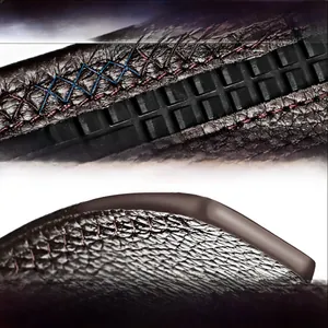 Detailed macro view of herringbone cross stitching and smooth oil edge on brown leather belt