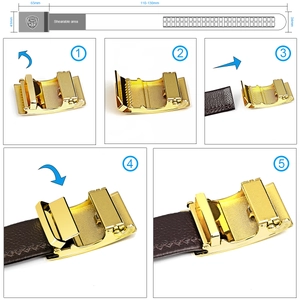 Detail showing the adjustable length feature and gold buckle assembly on brown leather belt