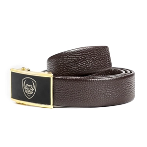 Men's dark brown lychee grain leather belt with gold automatic buckle and shield logo