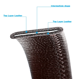 Cross-section of premium brown leather belt showing top layer cowhide and stitched edges