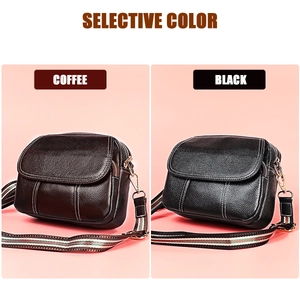 Detail view of leather shoulder bags in coffee and black with striped textile straps