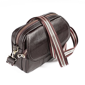 Brown lychee leather crossbody bag with iconic striped shoulder strap and gold hardware