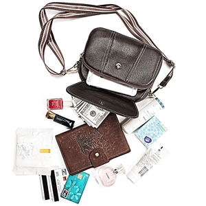 Dark brown leather crossbody bag with striped strap and internal organization view