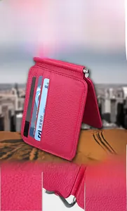 Detailed view of genuine leather money clip wallet in magenta with RFID protection