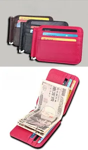 Slim lychee leather wallet detail showing multiple card slots and spring money clip