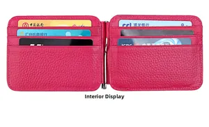 Interior view of rose red pebble leather wallet with six card slots and silver money clip