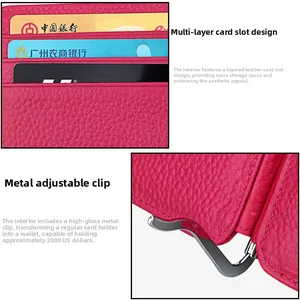 Macro view of the rose red pebble grain leather wallet featuring multiple card slots and metal clip