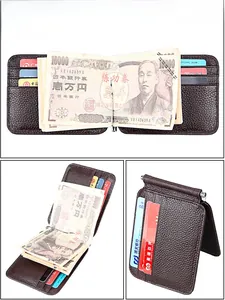 Detail of coffee brown genuine leather money clip with card slots and metal spring clip