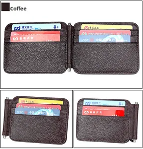 Detail view of coffee leather money clip with multiple card slots and spring metal bar