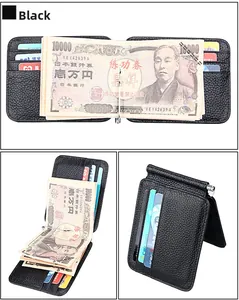 Detail view of black lychee leather wallet with card slots and metal money clip