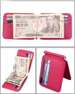 Slim rose red litchi grain leather wallet with stainless steel money clip and 6 card slots