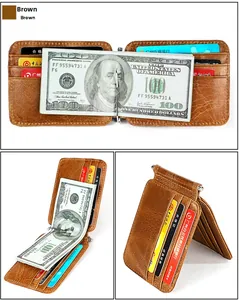 Slim brown leather money clip wallet with multiple card slots and metal cash holder