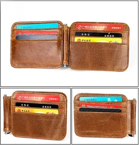Detailed close-up of brown leather money clip wallet with silver metal spring bar