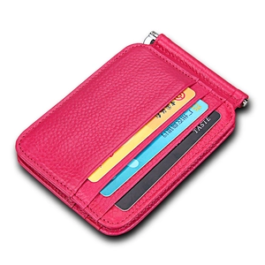 Fuchsia lychee leather money clip wallet with multiple card slots on white background