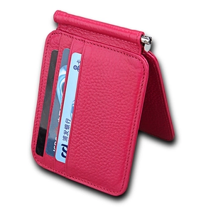 Magenta genuine leather money clip with lychee grain texture and three card slots