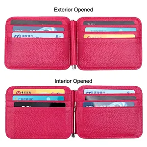 Genuine leather money clip wallet in rose red with pebble grain and multiple card slots