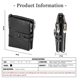 Genuine leather wallet dimensions 125x95x20mm featuring dual zippers and snap closure
