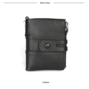 Detail view of black vintage leather wallet showing silver zipper and snap closure strap