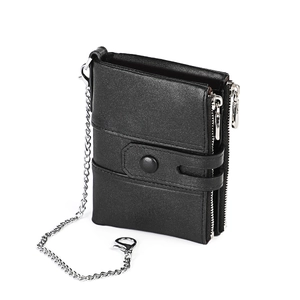 Retro Men Wallet Genuine Cowhide Leather RFID Blocking Dual Zipper Buckle Short Purse With Anti Theft Chain