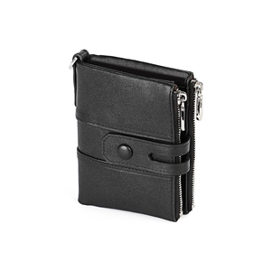 Men's vintage black leather wallet with dual zippers and secure snap closure