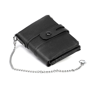 Men's vintage black genuine leather wallet with double zipper and anti-theft metal chain
