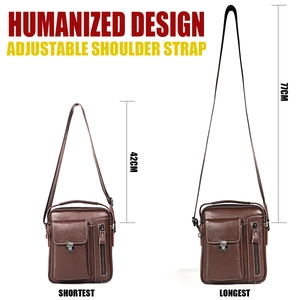 Detail showing the adjustable shoulder strap of a brown leather messenger bag for men