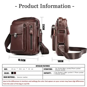 Detailed size chart for genuine leather men's shoulder bag with dimensions and structure