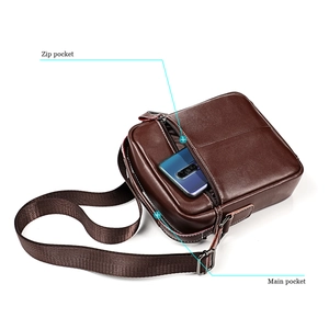 Detail view of brown leather crossbody bag showing functional zip and main pocket structure