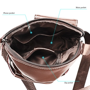 Macro view of men leather bag interior with phone, main and zip functional pockets