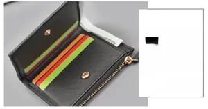 Detail of cross-grain leather wallet showing colorful card slots and a golden zipper pocket