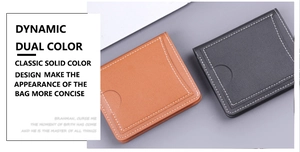 Close-up of slim leather card holders in black and brown with contrast stitching