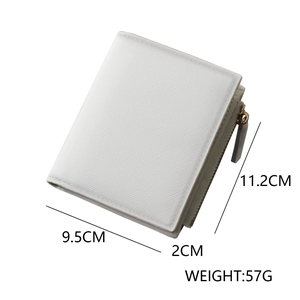 Vertical white cross-grain leather short wallet with zipper and precise dimension metrics