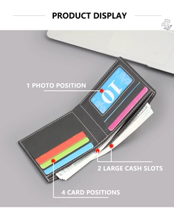 Short leather wallet with 2 cash slots, 4 card slots, 1 photo window and white stitching