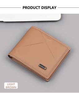 Detail view of light brown bifold leather wallet with geometric stitching and metal trim