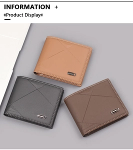 Detail of short leather wallets for men with geometric stitching and metal logo accents