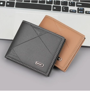 Detailed view of men's bifold wallets with geometric embossing and metal logo accents