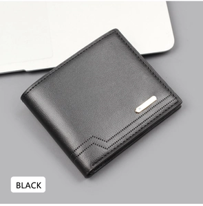 Detail of slim black leather bi-fold wallet with parallel stitching and metal accent