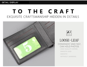 Internal view of men's slim leather wallet with multiple card slots and clear ID window