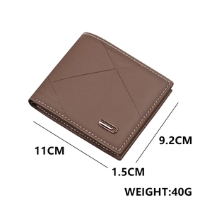 Men's brown leather bifold wallet with geometric stitching and metal clasp, 11x9.2cm size