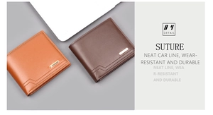 Detail of neat car line stitching and metal accent on slim brown faux leather wallet