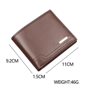 Slim brown faux leather bifold wallet for men with decorative stitching and metal logo